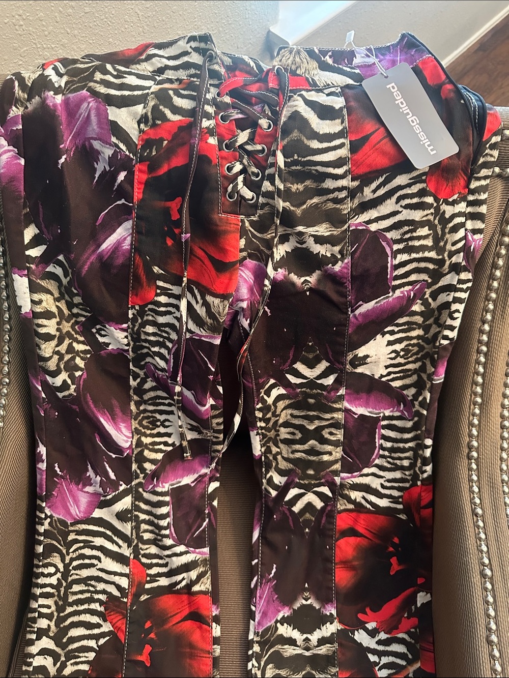Missguided Red & Purple Floral Zebra Lace-Up Flare Pants